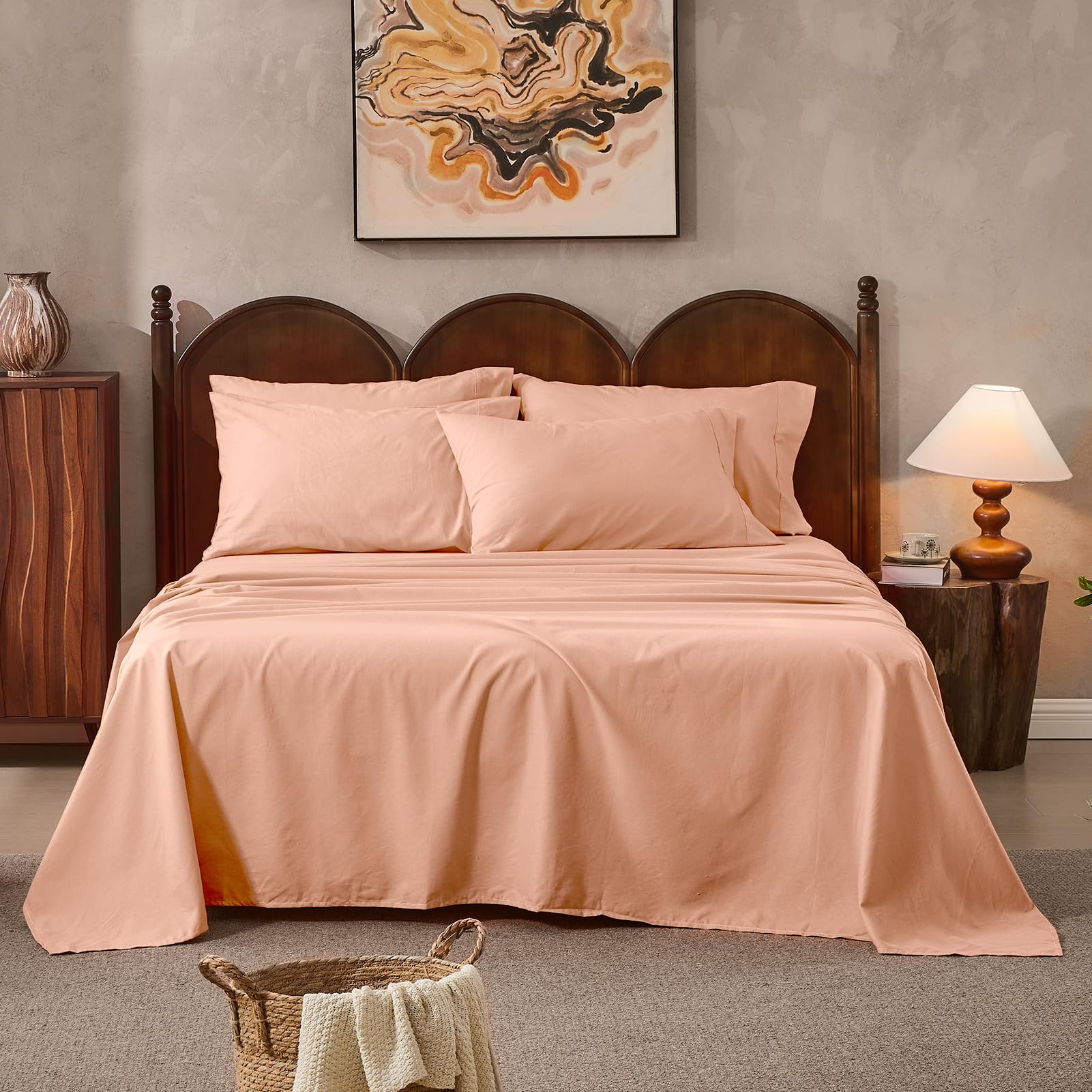 Overket 100% Linen Sheets Queen Size,Breathable & Durable 4-Piece Bed Flax Sheet Set,Soft All-Season Bedding for Hot Sleepers 16" Deep Pocket Oeko-TEX Certified,（Queen, Light Red）