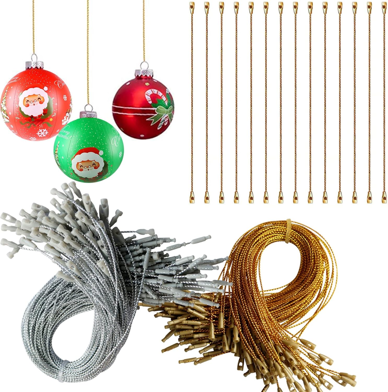 Ornament Hooks - Jeymei 200Pcs Christmas Ornament Hooks Mix Silver Gold String Hanger with Snap Locking Metallic String for Christmas Valentine's Day Party Hanging Ropes