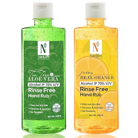 NutriGlow NATURAL'S Combo (Pack of 2) - Tea Tree & Aloe Vera (500ml) + Juicy Real Orange (500ml) | Instant Germ Protection|Sanitize Gel|Hand Rub