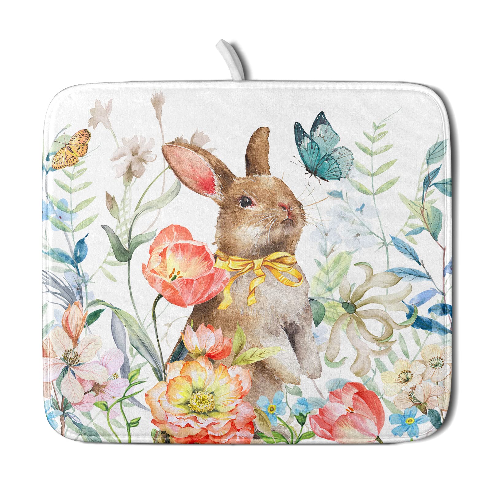 Photo 1 of Floral Bunny Dish Drying Mat for Kitchen 16 X 18 Inch Spring Garden Butterfly Flowers Rabbit Dry Dishes Pads Mats Absorbent Countertops Counter Tableware Mat Protector Home Easter Decorations
