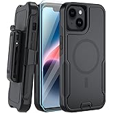 MUITQ 5-in-1 Magnetic Case for iPhone 13/14, Heavy Duty Case with Belt Clip Holster, Tempered Glass Screen Protector (2 Pcs), Black