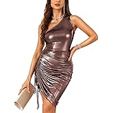 VIDUSSA One Shoulder Sparkly Dress - Sleeveless Ruched Bodycon Midi Cocktail High Slit Dress Glitter Women Party Club Dress