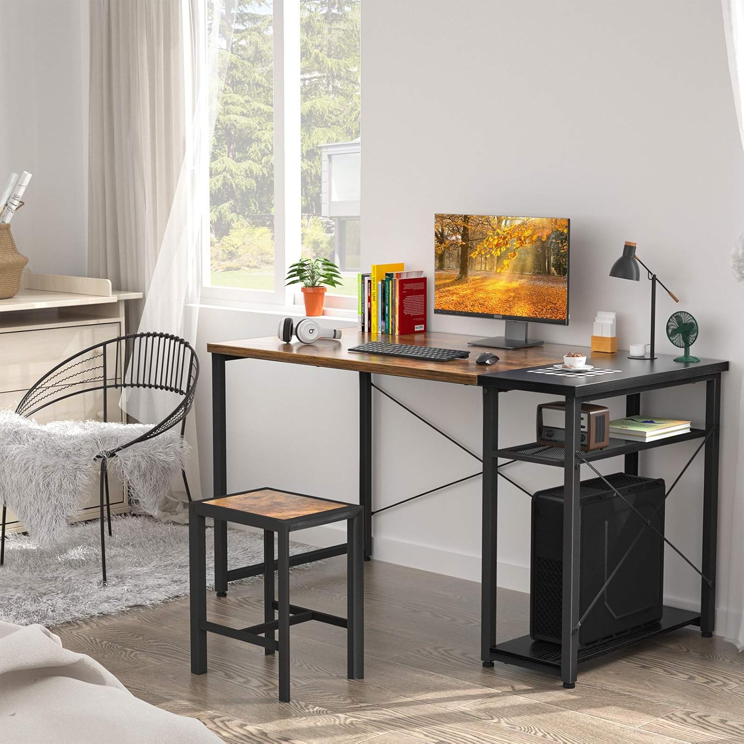 Ecoprsio Home Office Computer Desk, 40 Inch Small Writing Desk Table with Storage Shelves, 2-Tier Simple PC Gaming Desk for Home, Rustic and Black: Kitchen & Dining