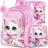 CCJPX 3PCS Cat Backpack for Girls, 16" Kids Bookbag and Lunch Box for Elementary School Toddler Kindergarten Preschool