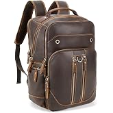 Full Grain Leather 16" Laptop Business Travel Backpack for Men, Brown | Crazy Horse Leather, YKK Metal Zippers, 5 Compartments, Ergonomic S-Straps, Large Capacity, Trolley Sleeve