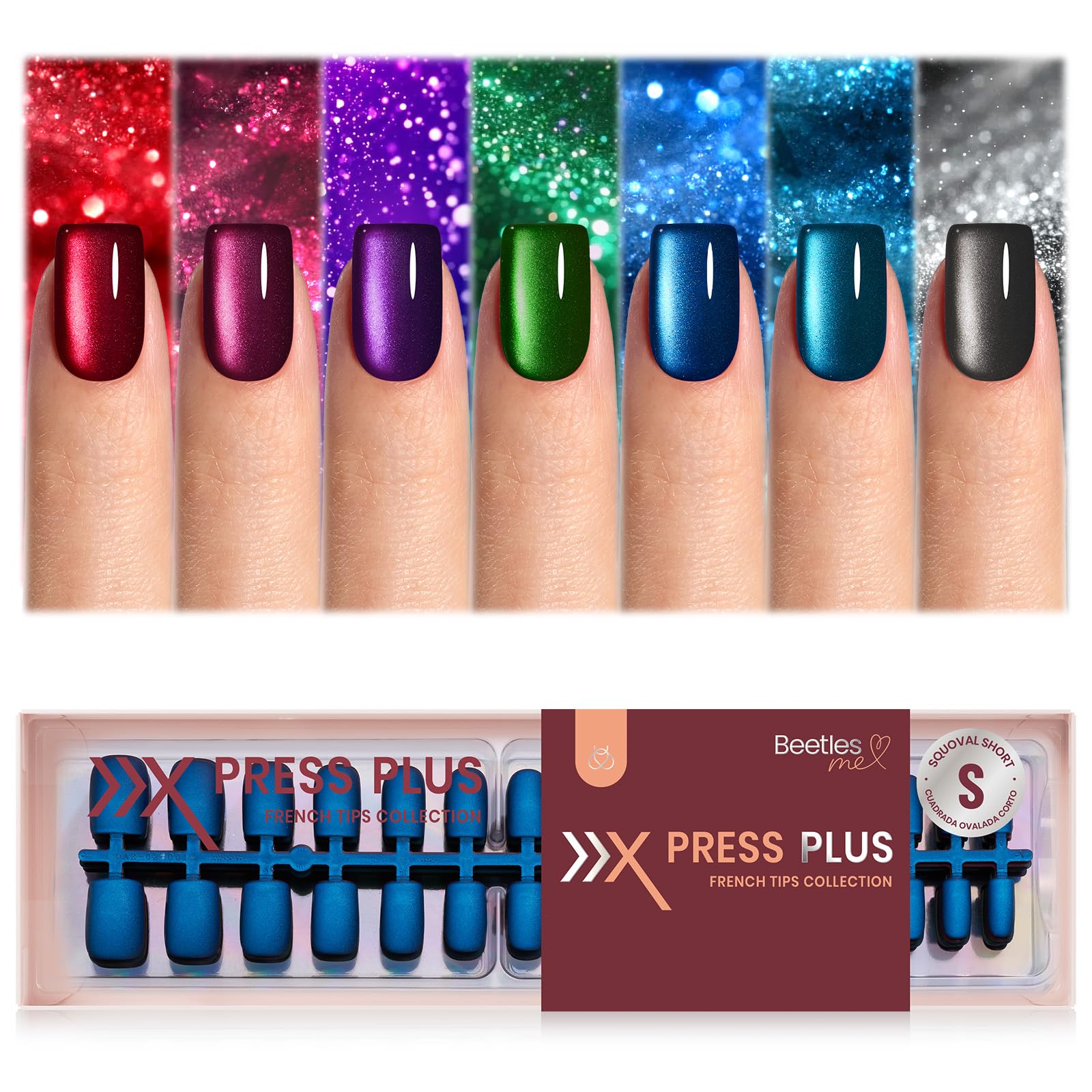 Beetles X Press Cat Eye Nails - 7 Colors Short Square Press On Nails | 16 Sizes 224 Pcs Natural Salon Quality Red Blue Purple Cateye Nails For Women Image