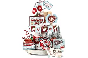 Kajaia 15 Pcs Christmas Tiered Tray Decor Winter Tiered Tray Decorations Set Snowman Snowflake Gingerbread Man Hot Cocoa Wooden Signs Farmhouse Christmas Table Decorations(Hot Cocoa)