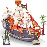 ArtCreativity 10" Pirate Boat Playset, Pirate Ship Toy with 2 Pirate Action Figures &amp; Tree, Fun Party Favor and Summer Toy for Boys
