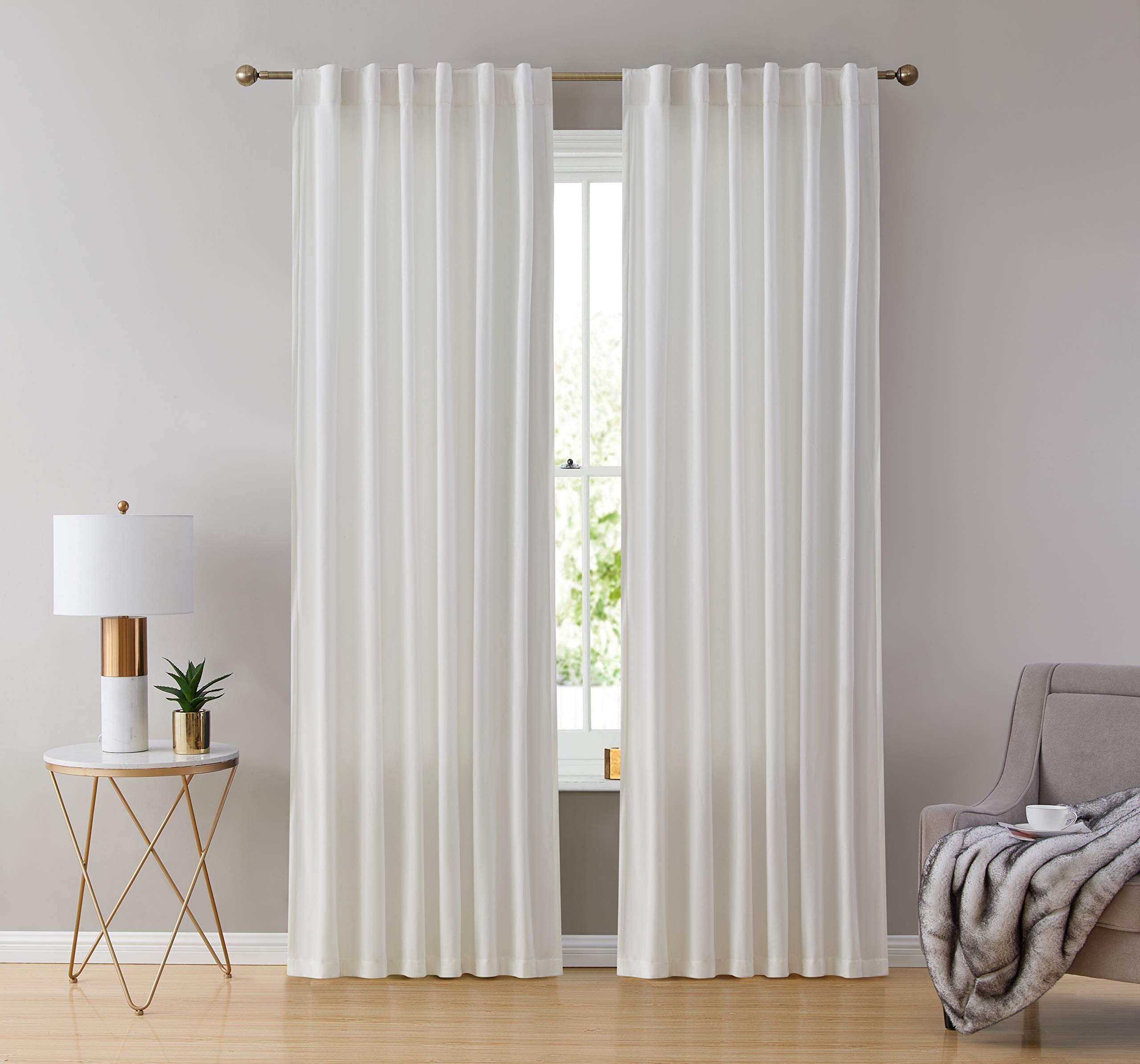 HLC.ME Lopez Faux Velvet Curtains 96 Inches - Curtains Velvet-Feel, Back Tab Rod Pocket Window Treatment Panels for Bedroom & Living Room - 54 W x 96 L per Panel, White (Pack of 2) Image
