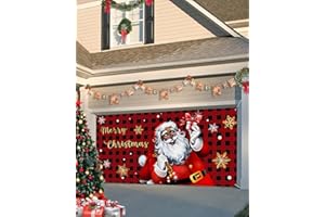 SINGINGIN Christmas Garage Door Banner Cover 7 x 8 ft, Christmas Santa Black and Red Buffalo Plaid Christmas Garage Door Decorations Holiday Christmas Backdrop Decor for Winter New Year Xmas Party