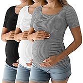 Riyiper 3 Pack Women's Maternity Cotton Ribbed Tops Scoop Neck Short Sleeve Pregnancy T-Shirts Side Ruched Mama Clothes