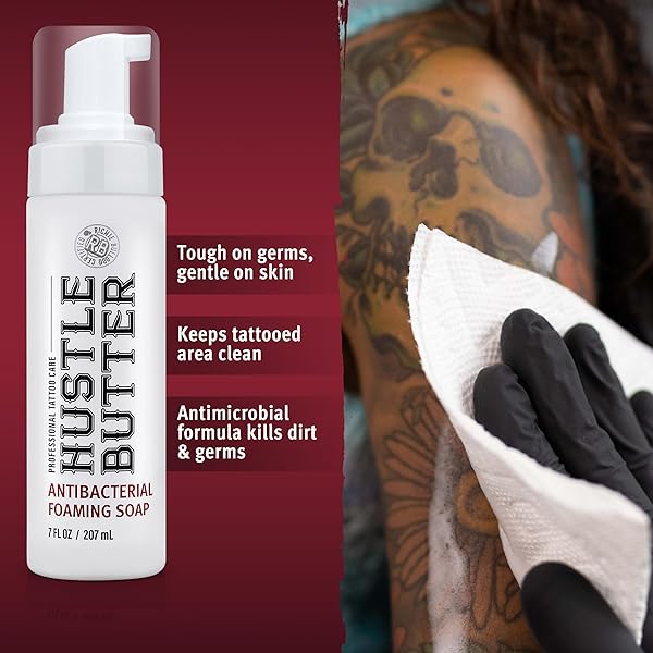 HUSTLE BUBBLES TATTOO AFTERCARE SOAP – ANTIBACTERIAL CLEANSER TO CLEAN NEW TATTOOS & PIERCINGS – ESSENTIAL BODY ART SUPPLIES 7OZ