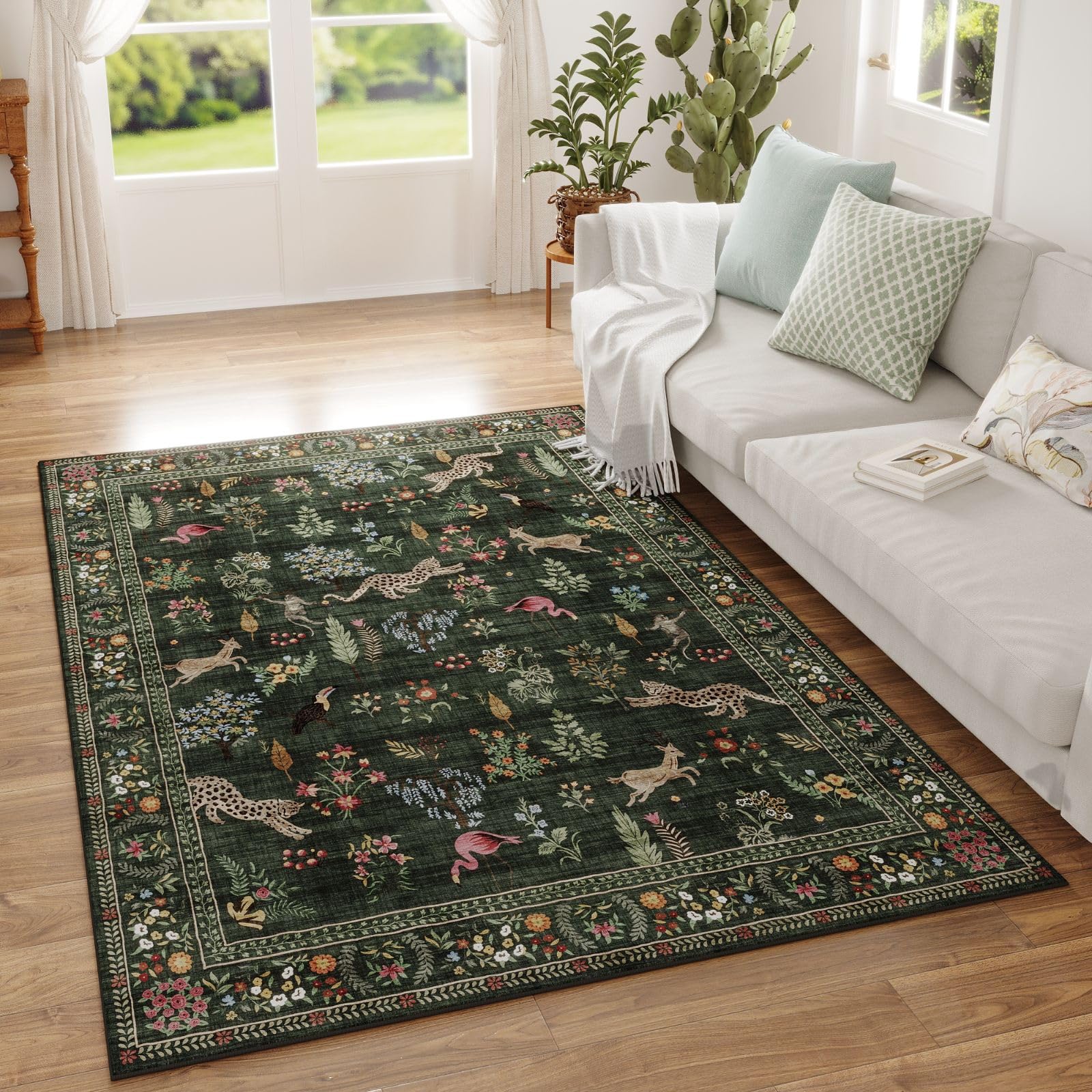 Photo 1 of Rugcomf Area Rug 4x6 Rug Washable Boho Rugs Non Slip Low Pile Floral Animal Small Carpet for Bedroom, Bedside, Kids Room, Office, Dining Room (Green)