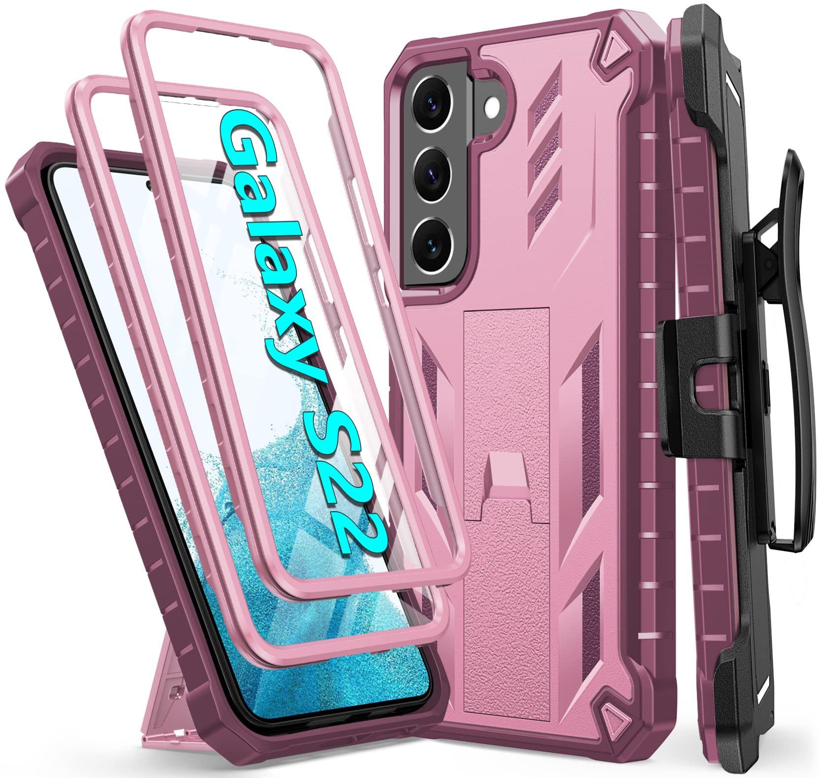 Photo 1 of FNTCASE for Samsung Galaxy S22 Case: Military Grade Protection Rugged Anti-Drop Case with Belt-Clip Holster & Kickstand - Full Shockproof Sturdy Durable Bumper Textured Cell Phone Cover (Rose Pink)