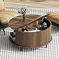 JOINICE, Round Coffee Table with Storage, Mid Century Modern Center Table with Sliding Cabinet Door, Fluted Dining Table for Living Room, Home Small Space, 31.5", Walnut