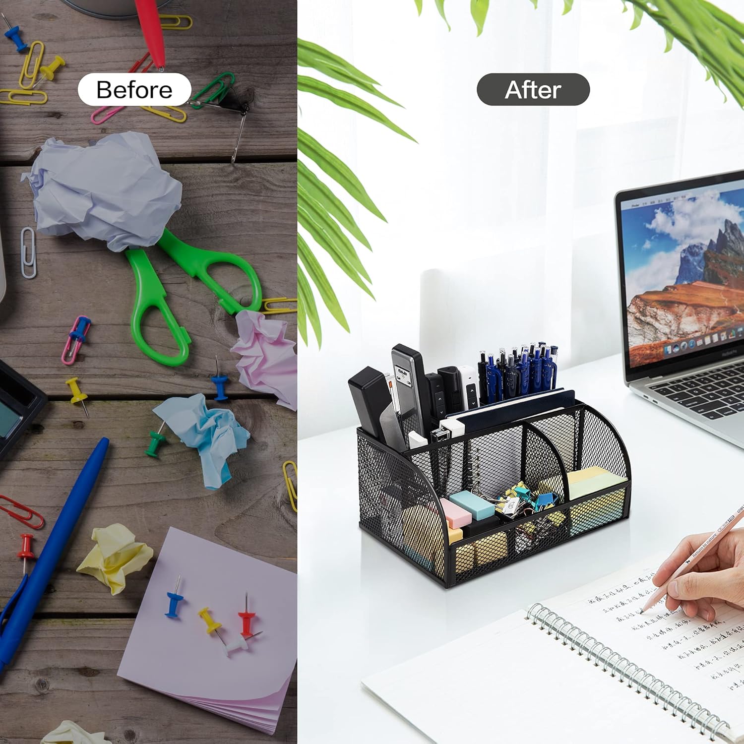 Deli Mesh Desk Organizer Office Supplies Caddy with Pen Holder and Storage Baskets for Desktop Accessories, 7 Compartments, Black : Office Products