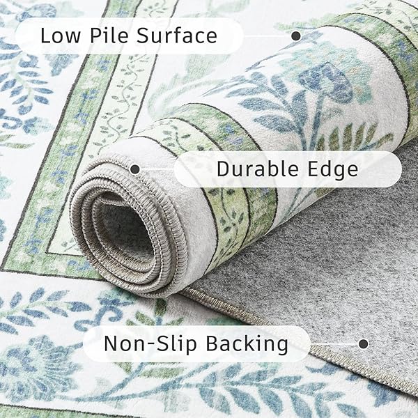 DCX GREEN 9X12 RUG, KID & PET FRIENDLY WITH RUBBER BACK NON SLIP, MACHINE WASHABLE STAIN RESISTANT BOTANICAL FLORAL RUG FOR LIVING ROOM, BEDROOM, SOFT LOW PILE LARGE NURSERY CARPET