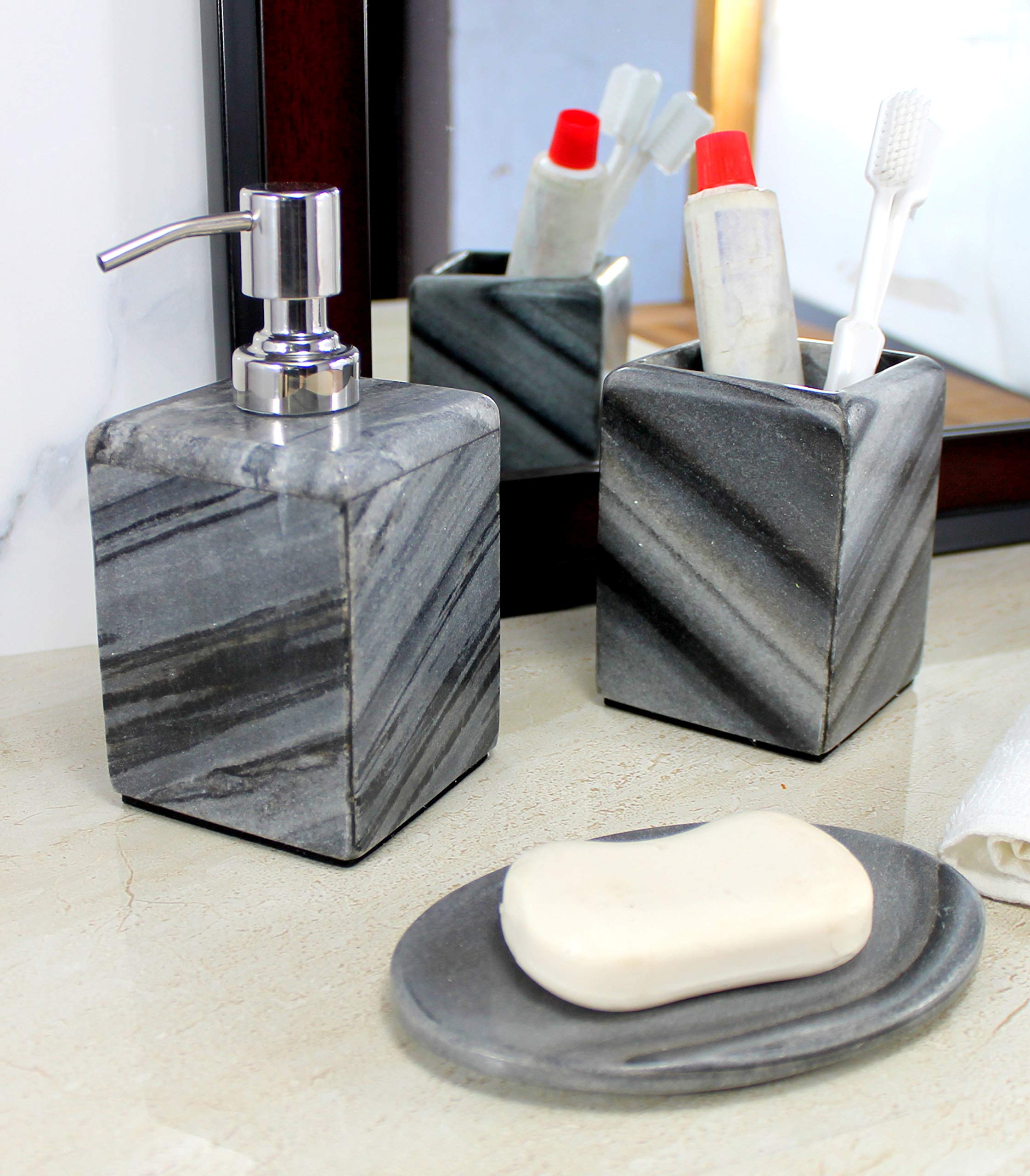 KLEO - Bathroom Accessory Set Made from Natural Stone - Bath Accessories Set Includes Soap Dispenser, Toothbrush Holder, Soap Dish (Grey - Set of 3)