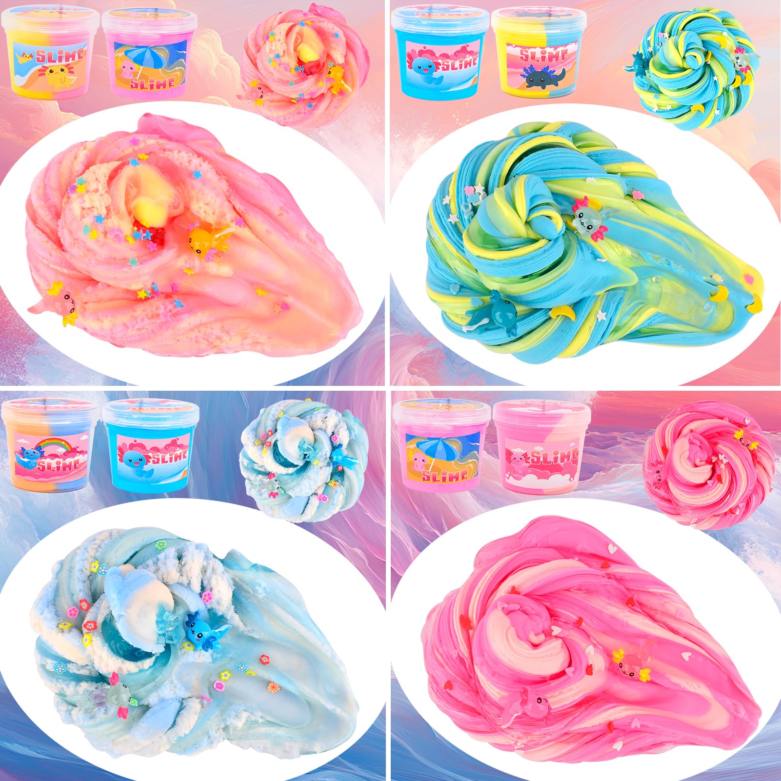 6 Pack Axolotl Slime Kit, Cloud, Butter & Clear, Slime Party Favors for Kids with Axolotl Charms, Soft and Stretchy, Slime for Girls & Boys, Classroom Rewards, Birthday Gifts