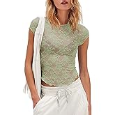 ReachMe Short Sleeve Mesh Top Women Sheer Lace Tops Cap Sleeve See Through Tops Summer Sexy Fitted Slim Fit Shirts