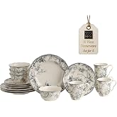 222 Fifth Adelaide 16-Piece Casual Grey Porcelain Dinnerware Set &ndash; Service for 4, Classic Toile Bird &amp; Floral Design, Microwave &amp; Dishwasher Safe, for Everyday Dining &amp; Entertainment