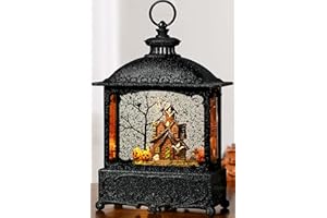 Blansong Halloween Snow Globe Lantern Ghost Snow Globe Halloween Decorations for Home Haunted House Pumpkin Ghost Tree Crow Rip Dancing Bats with Timer, USB and Battery Powered 12 inch