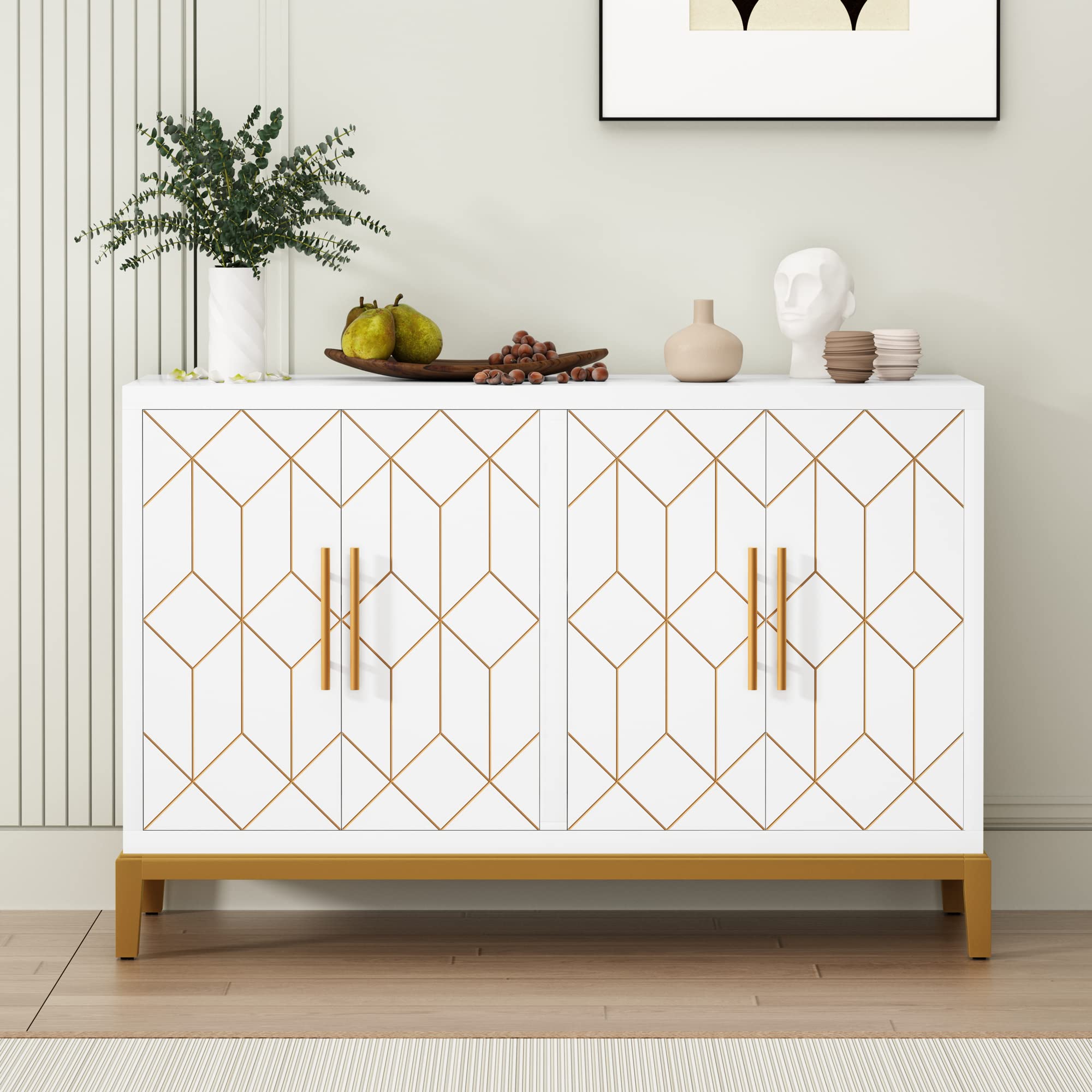 Photo 1 of HLR Accent Cabinet with 4 Doors&Shelves, Sideboard Buffet Cabinet with Gold Trim, Modern White Storage