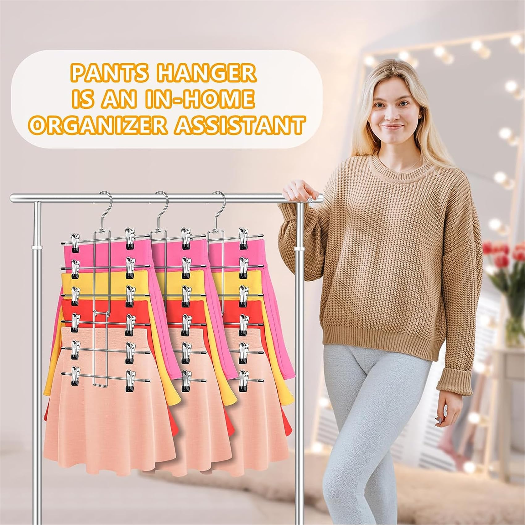 Hosenbügel Metall 3 Stück, Rockbügel Platzsparend, Kleiderschrank Organizer, rutschfest Faltbare Edelstahl Kleiderbügel für Hosen, Röcke, Jeans und Schals 5