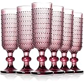 GOROGILE 6 Pcs Vintage Champagne Flutes, 5 oz Purple Goblet Champagne Glasses, Hobnail Drinking Glasses Ideal for Party Wedding Toasting Drinking Champagnes, New Years Eve Party Supplies