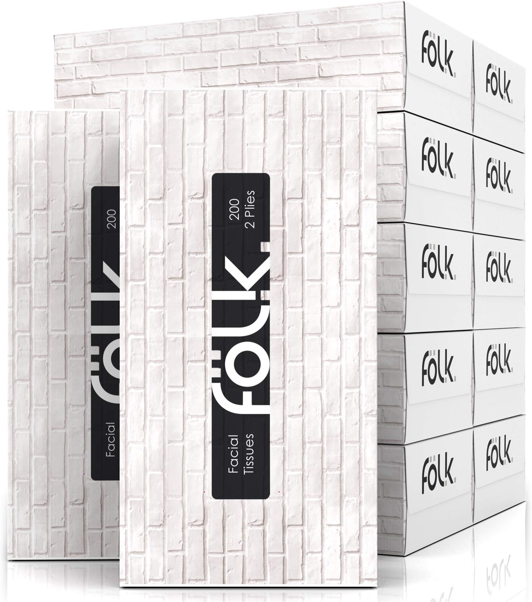 FOLK Facial Tissue Paper Bulk Ultra Soft and Absorbent 1200 - 2 Plies per Flat Box 12 cartons x 100 Sheets Perfect for Family, Home, Office, Car, 100% Natural Cellulose, Hypoallergenic, White Design