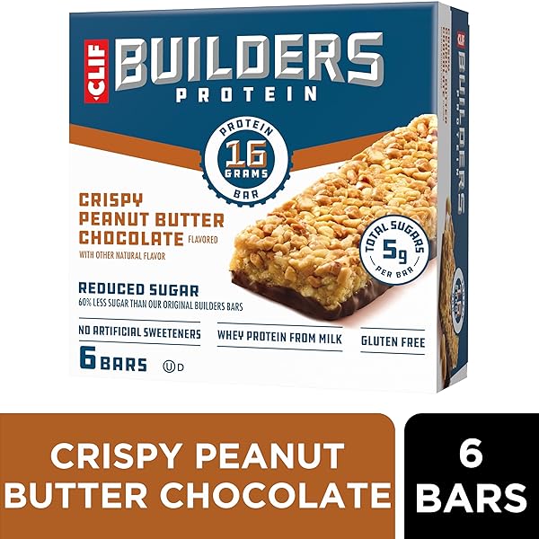 CLIF BUILDERS PROTEIN BARS – CRISPY PEANUT BUTTER CHOCOLATE FLAVORED – REDUCED SUGAR – GLUTEN FREE – 16G PROTEIN – NO ARTIFICIAL SWEETENERS – 1.97 OZ. (6 PACK)