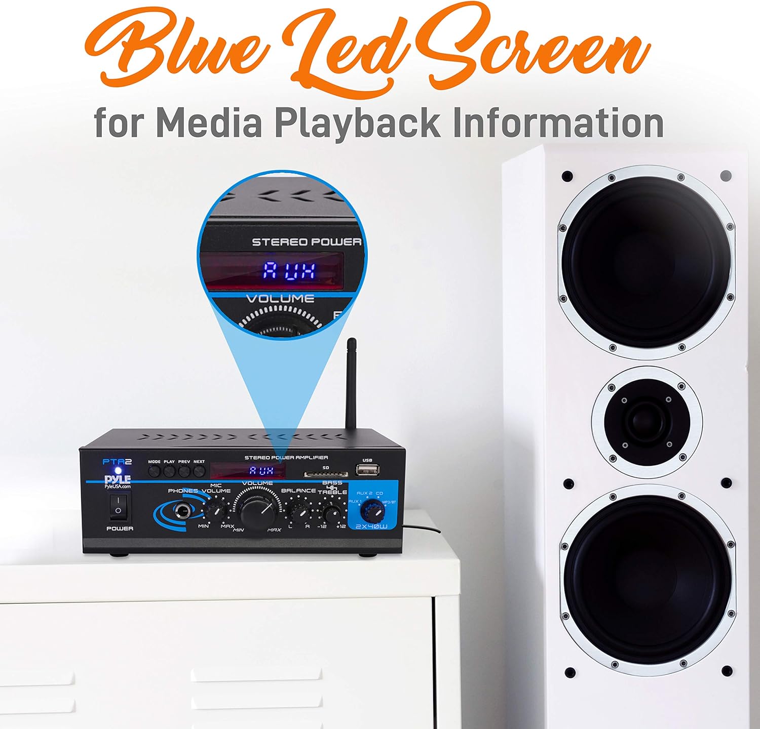 Bluetooth Mini Blue Series Home Audio Amplifier - Compact Desktop Home Theater Stereo Amplifier Receiver with USB Charge Port | Pager & Mixer Karaoke Modes | Mic Input (40 Watt x 2) | Pyle PTA22BT, 2X2X2: Home Audio & Theater