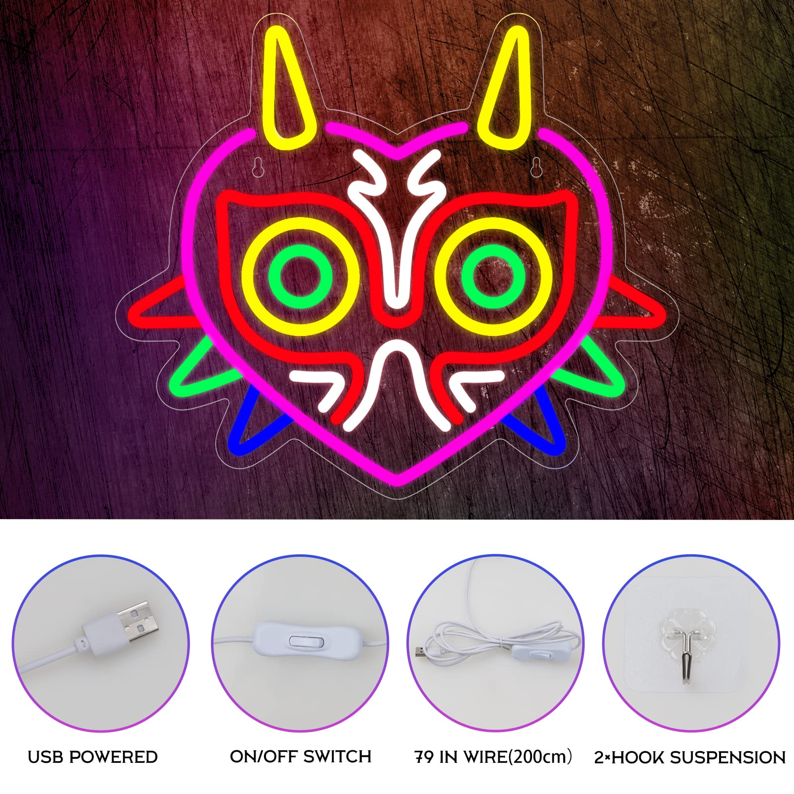 Majora's Mask Neon Sign, Zelda Gaming Neon Sign for Game Room Decor, Zelda Mask for Boys Room Decor & Gaming Wall Deocr, USB Powered Gamer Gifts for Boys, Teens and Zelda Fans
