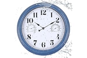Vigorwise 12 inch Outdoor Wall Clock, Plastic Waterproof Outdoor Clock with Temperature & Humidity, Water Resistant Wall Cloc