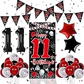 11th Birthday Decorations for Boys Girls, Happy 11th Birthday Decorations Boy, Red Black 11 Year Old Birthday Door Banner, Triangle Flag, Large Number 11 Balloons Bday Party Decor for 11 birthday