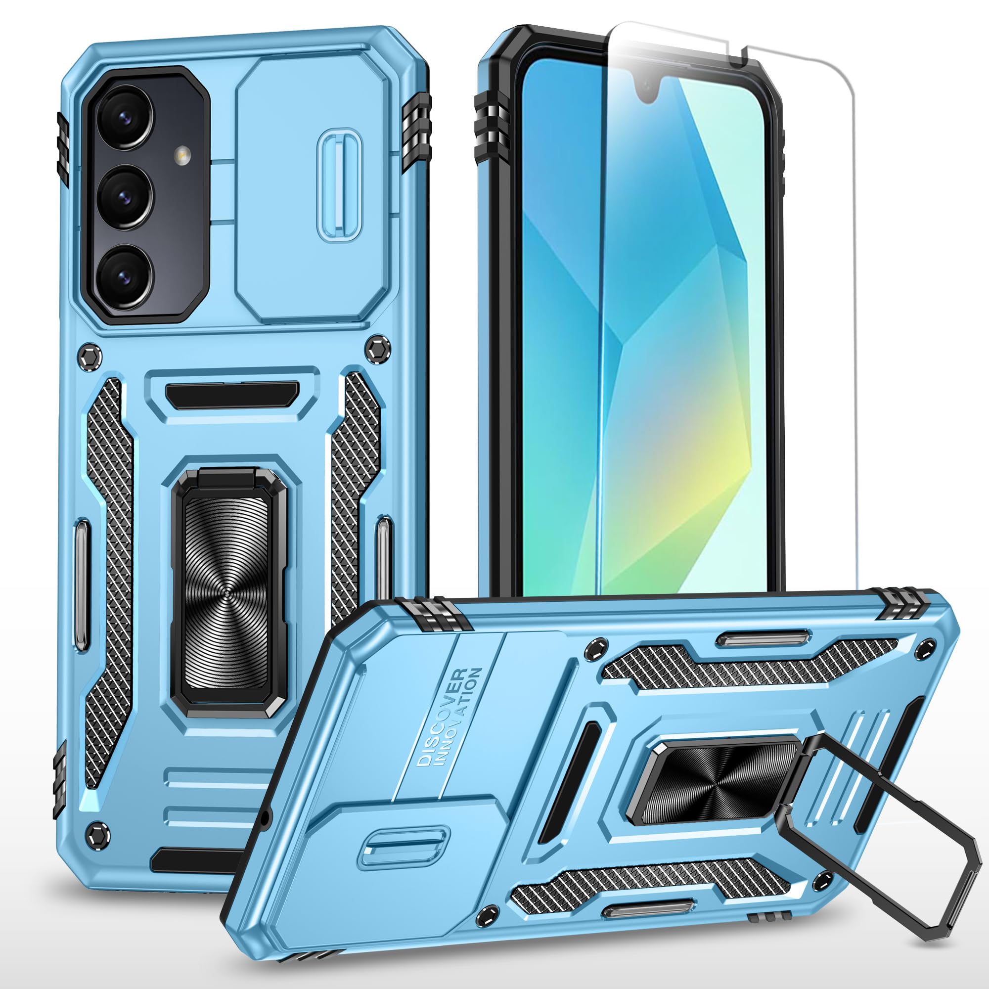 SunStory Compatible with Samsung Galaxy A17 5G Case with HD Screen Protector & Slide Camera Cover & Rotated Ring Kickstand,[Shockproof] Dual Layers Phone Case for Galaxy A17,Z_NavyBlue