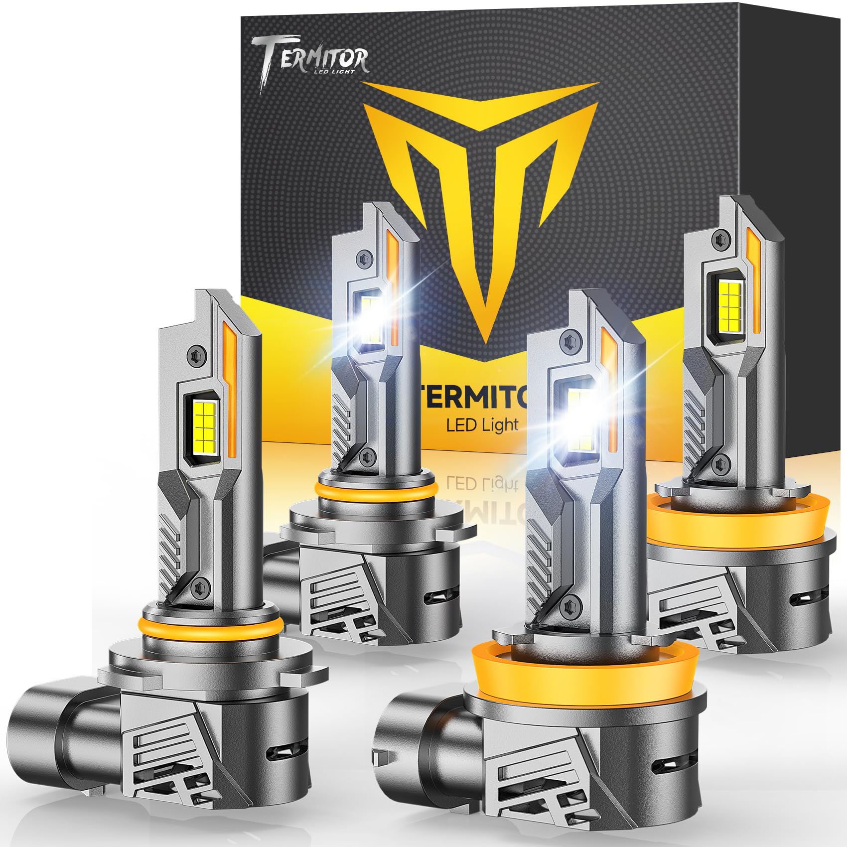 Termitor Latest H11/H9/H8 9005/HB3 Light Bulbs Combo, 12X 100,000LM Ultra-Bright, 360° Adjustable Quick Instal, 6500K White, 10-Year Long Service Life H11 9005 Fog Light with Cooling Fan, Pack of 4 Image