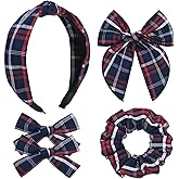 DEEKA School Uniform Plaid Hair Bows & Knotted Plaid Headband & Scrunchies Fable Hair Bow Set Alligator Clips for Toddler Girls Hair Accessories for Little School Girls (Dark Navy&Red)