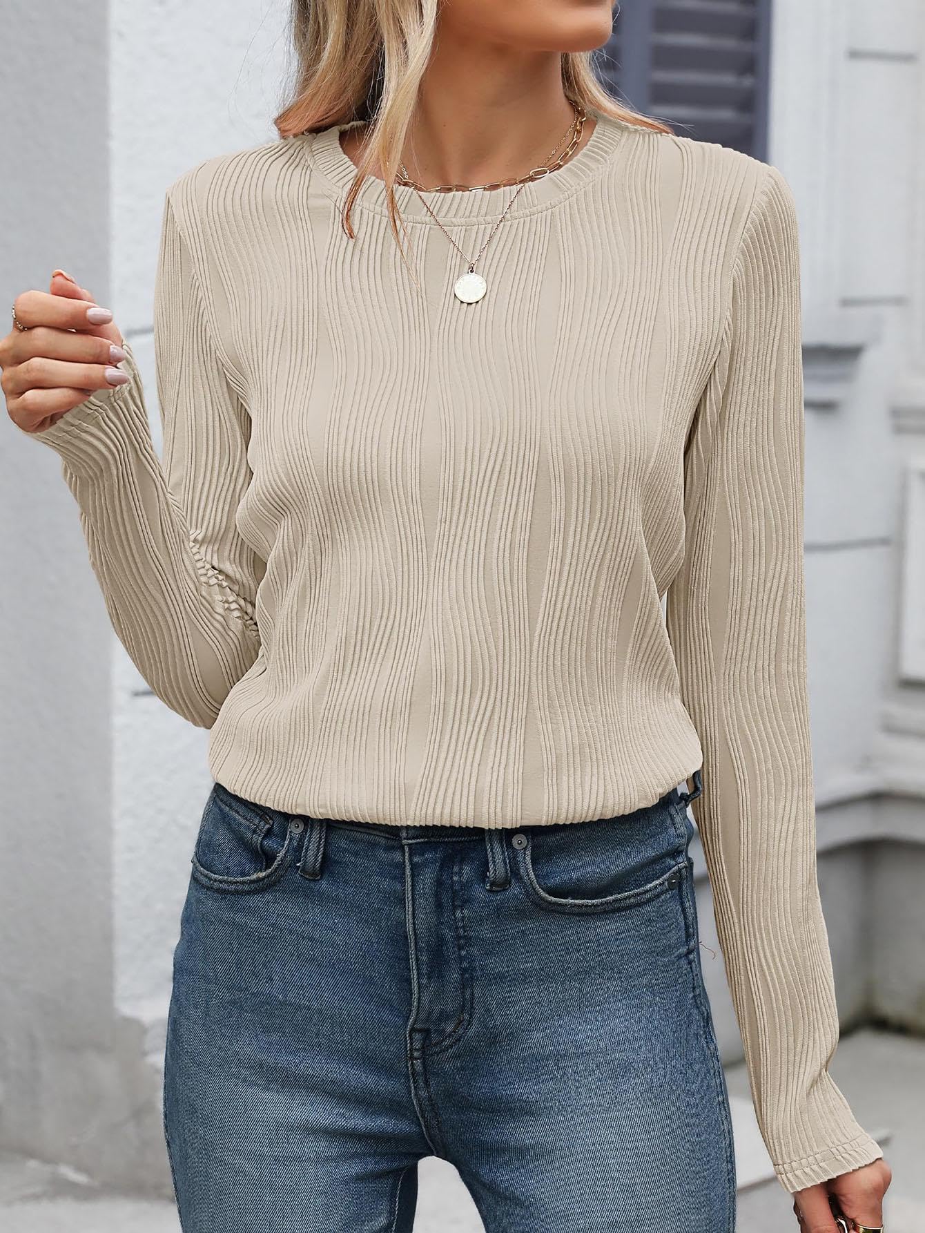 Am Direct Womens Tops Trendy Dressy Casual Long Sleeve Crewneck Basic T Shirts Solid Loose Textured Blouses Outfits Apricot S