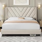 Yaheetech Queen Bed Frame with Chevron Channel-Tufted Headboard, Beige | Wood &amp; fabric frame offers sturdy silent support, easy assembly, no box spring needed, and modern chevron style for bedrooms.