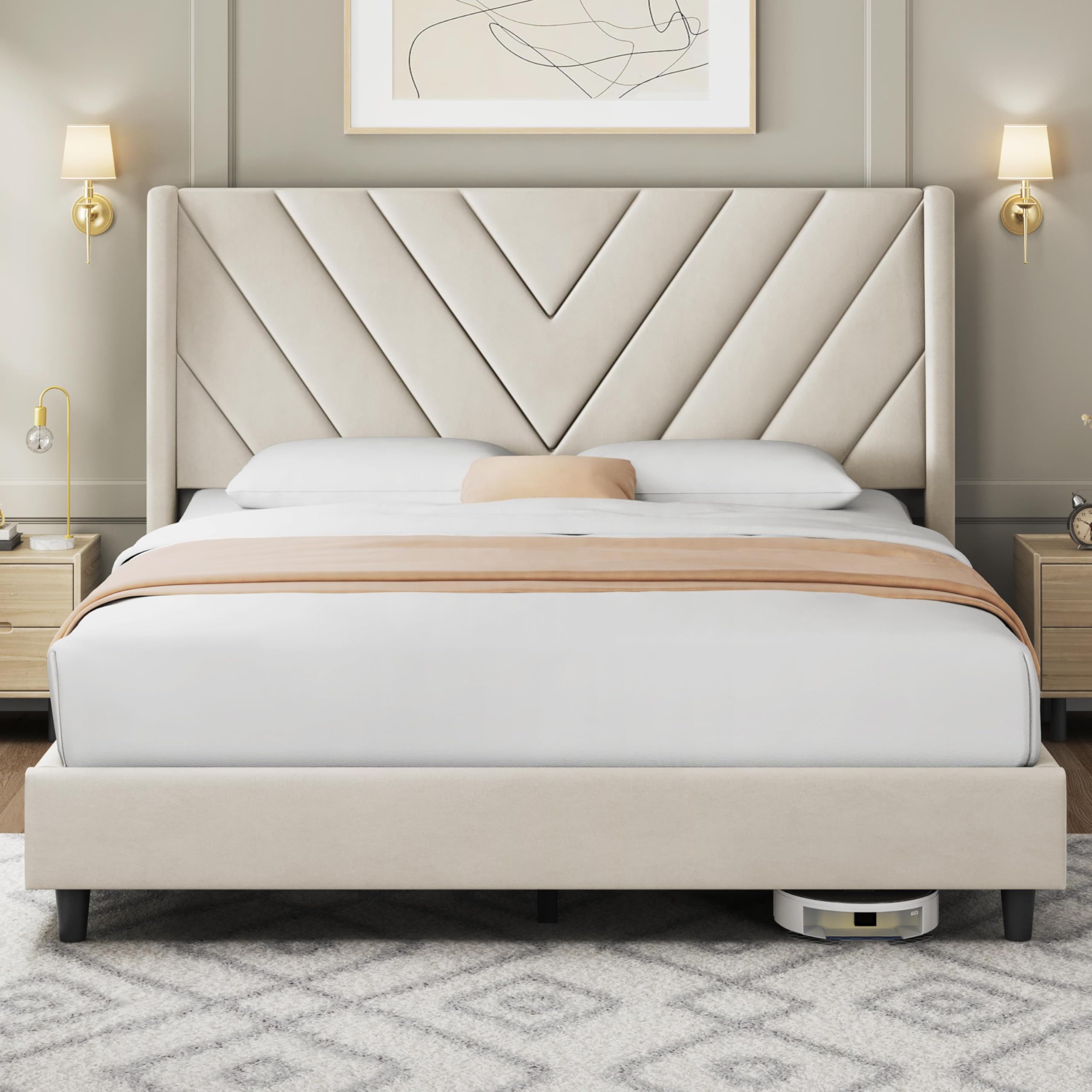 Photo 1 of Yaheetech Queen Bed Frame Upholstered Platform Bed with Wing Side/Wooden Slat Support/Tufted Headboard with Wing Side/Mattress Foundation/No Box Spring Needed, Beige Queen Bed