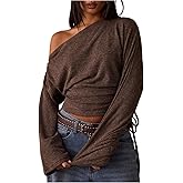 Milumia Women's Off The Shoulder Crop Top Drawstring Ribbed Long Sleeve Ruched Cinched Waist Tee Tops
