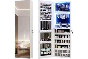 Vlsrka 47.2" LED Jewelry Mirror Cabinet, Wall/Door Mounted Jewelry Armoire Organizer with Full Length Mirror, Large Storage Hanging Cabinet, 4 Drawers, 5 Shelves (White)