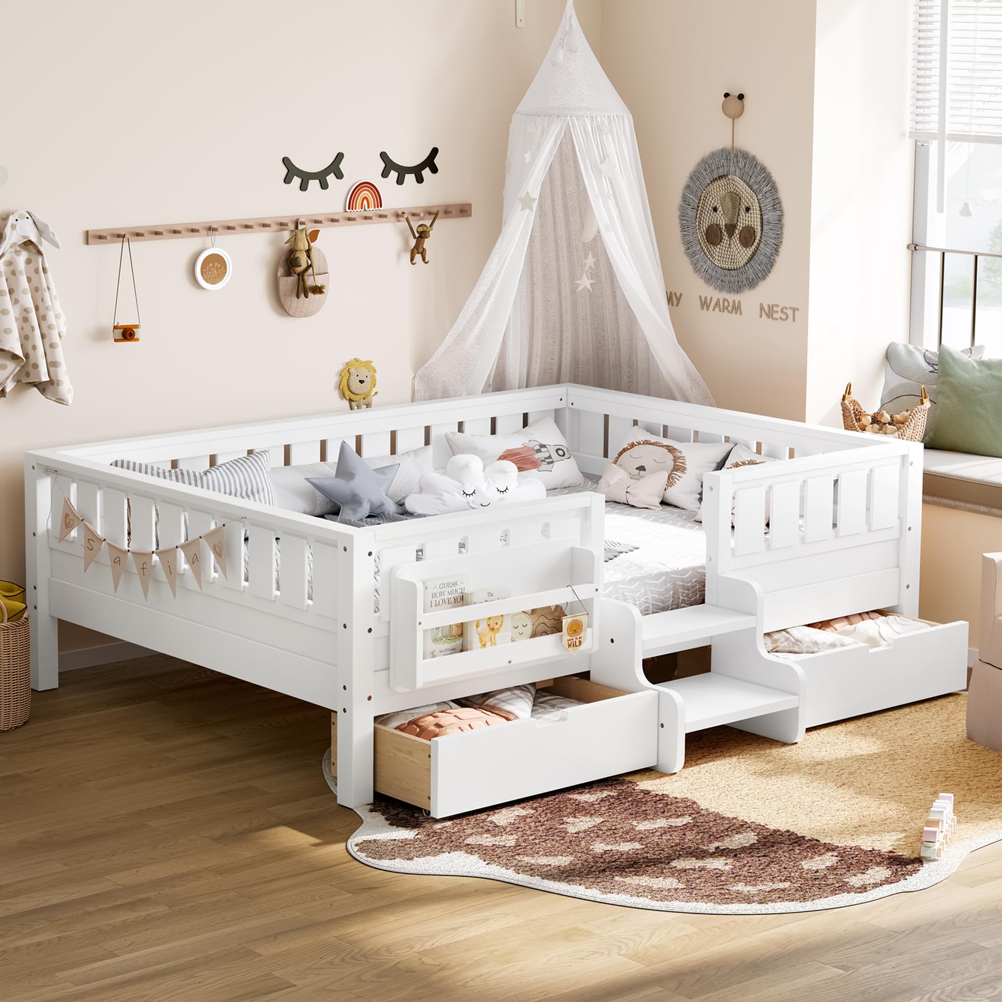 Photo 1 of ** PARTIAL SET MISSING BOX #2**** Bellemave Full Size Bed with Slats and Stairs, Full Size Platform Bed Frame with Fence, Bookshelf and Storage Drawers, Easy Assemble Beds for Kids, Girls, Boys, White