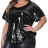 Agnes Orinda Plus Size Full Sequin Tops for Women Glitter Party Shirt Short Sleeve Sparkle Club Night Blouses