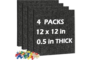 DOLLAR BOSS Felt Cork Board Tiles, 4 Packs 12" x 12" 1/2" Thick Cork Bulletin Board Self Adhesive Acoustic Panels Soundproof Corkboards for Walls with 40 Pushpins for Home Office Kitchen School, Grey