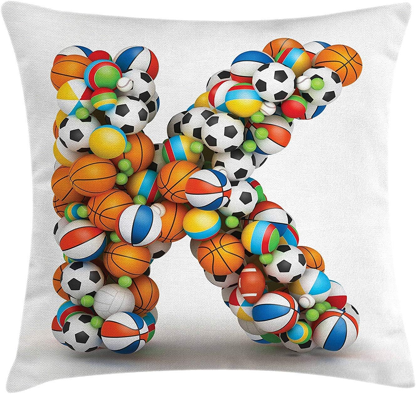 Letter K Throw Pillow Cushion Cover, Alphabet Letter with Gaming Balls of Popular Sports Fun Initial Monogram Design, Decorative Square Accent Pillow Case, 18 X 18 inches, Multicolor