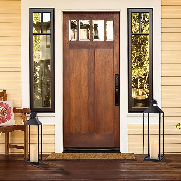 MATAHUM 23″ 19″ LARGE LANTERNS DECORATIVE OUTDOOR INDOOR, SET OF 2 MODERN FARMHOUSE BLACK FLOOR LANTERN WITH CANDLES, HALLOWEEN, CHRISTMAS LANTERNS FOR FIREPLACE, MANTLE, PORCH, PATIO, HOME DECOR