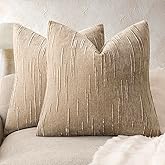 Foindtower Pack of 2 Slubby Textured Chenille Throw Decorative Pillow Covers Square Accent Solid Cushion Cover Neutral Farmhouse Pillow Case for Couch Sofa Bedroom Living Room 20x20 Inch,Khaki Camel