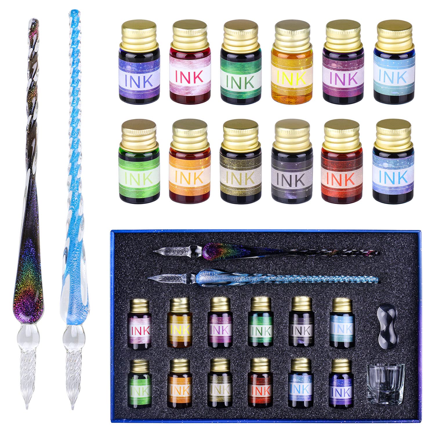 OFUN Glass Dip Pen Set, Crystal Ink Pen Set with 2 Glass Pens, 12 Colorful Inks, Pen Holder and Cleansing Cup, Dip Pens for Art, Writing, Drawing, Signatures, Gift for Kids and Artist